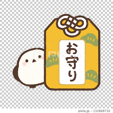 一隻金色的長尾山雀從護身符中探出頭來 132668710