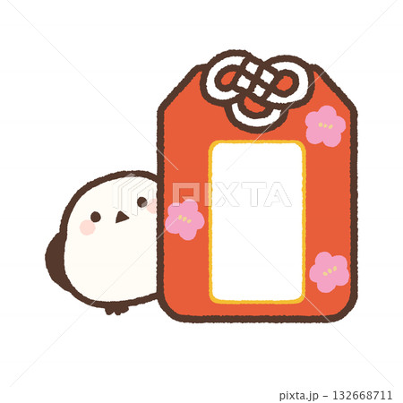 おまもりから顔を出すシマエナガ　赤　文字なし 132668711