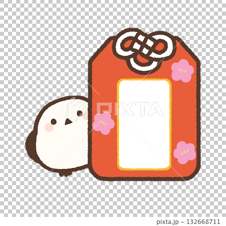 おまもりから顔を出すシマエナガ　赤　文字なし 132668711