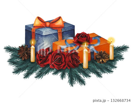 Hand drawn blue and orange Christmas gifts with fir branches, red roses, candles. Watercolor illustration. 132668734