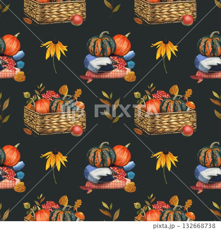 Hand drawn autumn seamless pattern with orange, green pumpkins, autumn leaves. Watercolor 132668738