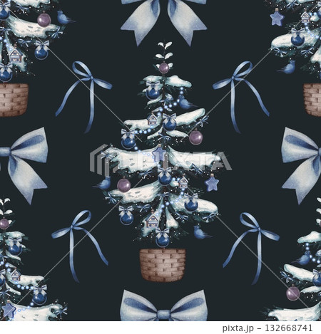 Hand drawn Christmas seamless pattern with a snow covered fir tree and blue bows. Watercolor illustration. 132668741
