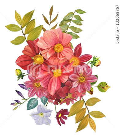 Autumn bouquet. Red and pink dahlias. An arrangement of bright dahlias, autumn leaves. Hand drawn watercolor illustration. 132668767