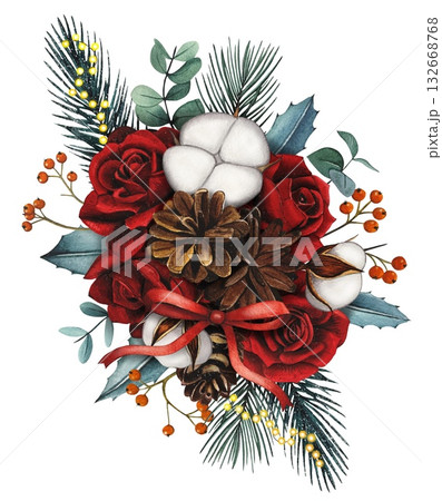 Hand drawn Christmas bouquet with red roses, fir cones, eacalyptus, cotton, spruce branches, and berries. Watercolor illustration. 132668768