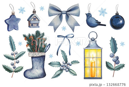 Hand drawn Christmas set with blue ornaments, bows, berries, decorations, sock, lantern. Watercolor illustration. 132668776