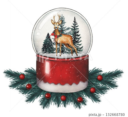 Hand drawn red snow globe with a deer and fir trees inside. A Christmas watercolor illustration. Hand drawn red snow globe with a deer and fir trees inside. A Christmas watercolor illustration. 132668780