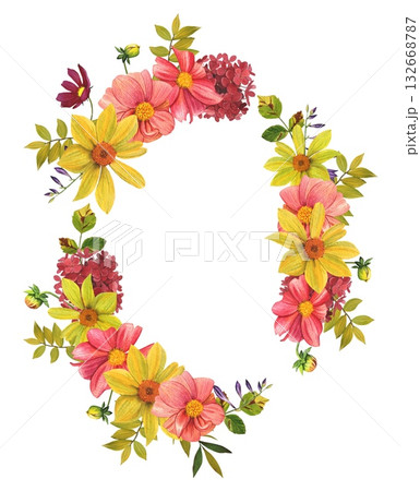 A floral wreath with vibrant dahlias and leaves. Hand drawn watercolor clip art. A floral wreath with vibrant dahlias and leaves. Hand drawn watercolor clip art. 132668787
