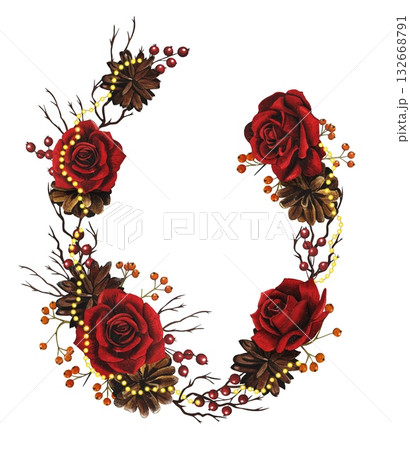 Hand drawn Christmas wreath with red roses, fir cones, red berries, yellow garland. Watercolor illustration. 132668791