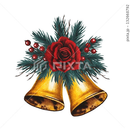 Hand drawn golden bells with a red rose, spruce branches, red berries. Christmas decor. Watercolor illustration. Hand drawn golden bells with a red rose, spruce branches, red berries. Christmas decor. Watercolor illustration. 132668792