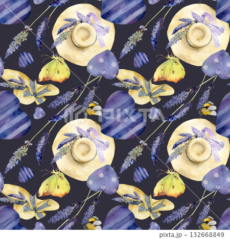 Lavender lavandula flowers, heart and straw hat motif with ribbons and butterflies. Seamless pattern isolated illustration hand drawn in watercolor. Cottage-style decor, paper goods, gift wrapping. Lavender lavandula flowers, heart and straw hat motif with ribbons and butterflies. Seamless pattern isolated illustration hand drawn in watercolor. Cottage-style decor, paper goods, gift wrapping. 132668849