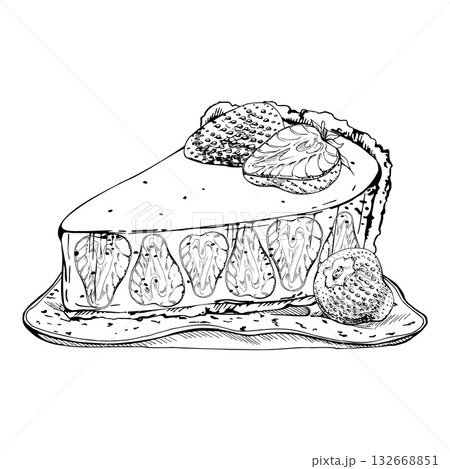Cheesecake slice with whole and halved strawberries, layered berry sponge cake on a handmade ceramic dish. Hand drawn vector ink isolated illustration. Culinary poster designs, wedding favor cards Cheesecake slice with whole and halved strawberries, layered berry sponge cake on a handmade ceramic dish. Hand drawn vector ink isolated illustration. Culinary poster designs, wedding favor cards 132668851