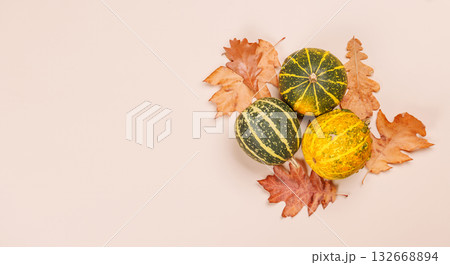 Autumn still life with pumpkins and leaves on beige background Autumn still life with pumpkins and leaves on beige background 132668894