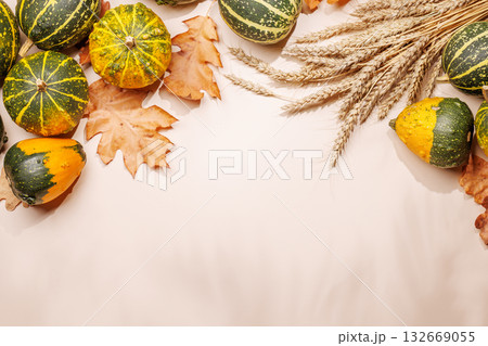 Autumn still life with pumpkins and leaves on beige background Autumn still life with pumpkins and leaves on beige background 132669055