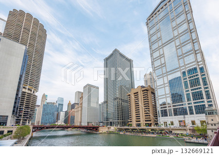 Vibrant view of Chicago downtown skyline under a summer sky 132669121