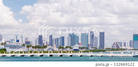 Modern skyline of Miami with towering skyscrapers, tropical vibe, and waterfront views 132669122