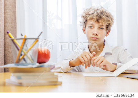 Schoolboy studying at home with laptop, notebook, and learning materials Schoolboy studying at home with laptop, notebook, and learning materials 132669134