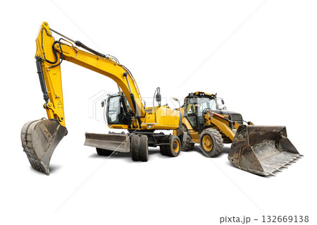 A yellow excavator and loader are parked against an isolated background, preparing for construction work. The machines are equipped with various earthmoving attachments 132669138