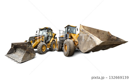 A heavy-duty loader and a versatile excavator, demonstrating their performance and suitability for rental in construction projects. Isolated background. 132669139