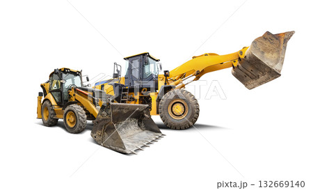 A loader and a general-purpose excavator against an isolated background, demonstrating their capabilities for excavation, demolition, and landscaping in remote locations. 132669140