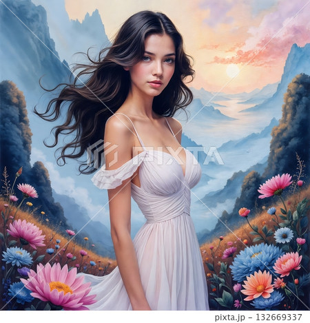 A woman in a white dress surrounded by mountain landscapes and flowering fields against the backdrop of sunrise A woman in a white dress surrounded by mountain landscapes and flowering fields against the backdrop of sunrise 132669337