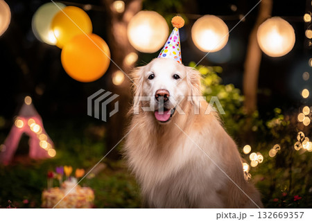 誕生日を祝うゴールデンレトリバーの夜のパーティー 132669357