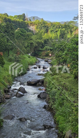 A rapid river with strong currents flows over and around large rocks, creating white water and a small cascade, surrounded by a green. A rapid river with strong currents flows over and around large rocks, creating white water and a small cascade, surrounded by a green. 132669723