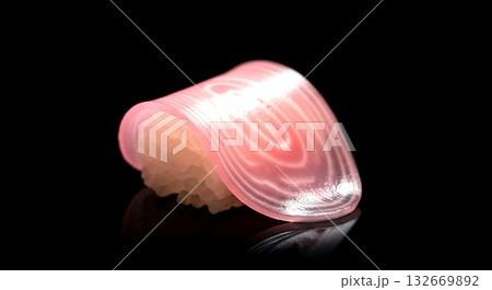 Japanese minimalist. the delicate pattern on a piece of pickled ginger (gari), its thin, translucent layers and pale pink color, against a completely black  132669892