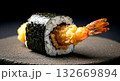 a piece of maki roll with a crispy tempura shrimp inside, focusing on the contrasting textures of the soft rice, crispy nori, and fried batter, on a rough-textured stone plate a piece of maki roll with a crispy tempura shrimp inside, focusing on the contrasting textures of the soft rice, crispy nori, and fried batter, on a rough-textured stone plate 132669894