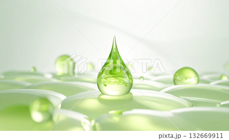 透明な緑の美容液滴とスキンケア細胞表面の3Dイメージ　保湿・バリア機能アップを表現 132669911