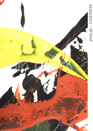 Vibrant thick red black and yellow acrylic paint splashes lines and swirls on a white background 132670038