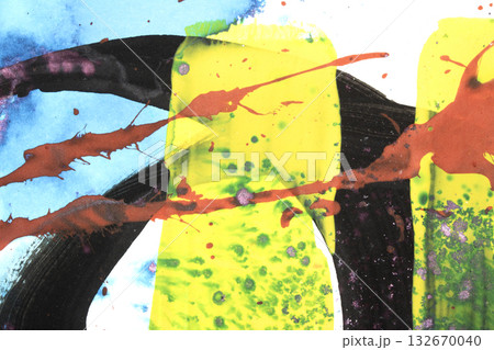 Vibrant thick red black and yellow acrylic paint splashes lines and swirls on a white background 132670040