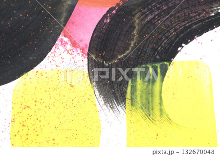 Vibrant thick red black and yellow acrylic paint splashes lines and swirls on a white background 132670048