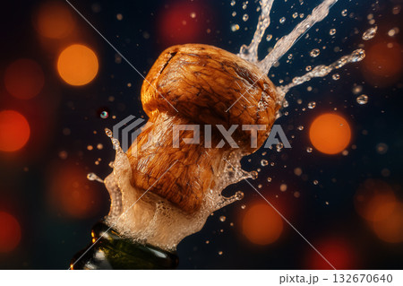 Champagne Cork Exploding With Splashing Bubbles And Party Lights 132670640