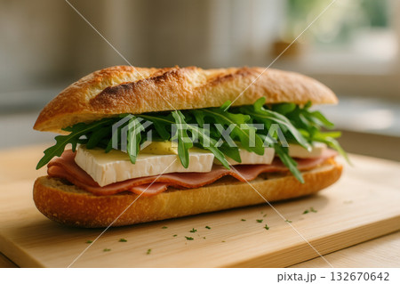 Gourmet Baguette Sandwich With Brie, Ham, Arugula, And Mustard Gourmet Baguette Sandwich With Brie, Ham, Arugula, And Mustard 132670642