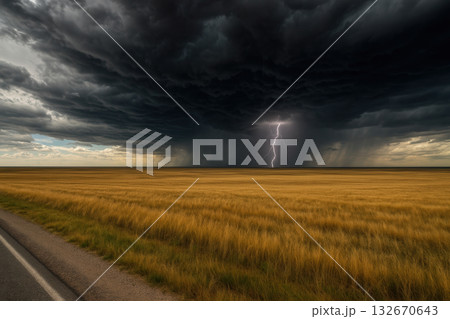 Lightning Strike Over Endless Prairie Under Menacing Storm Clouds Lightning Strike Over Endless Prairie Under Menacing Storm Clouds 132670643
