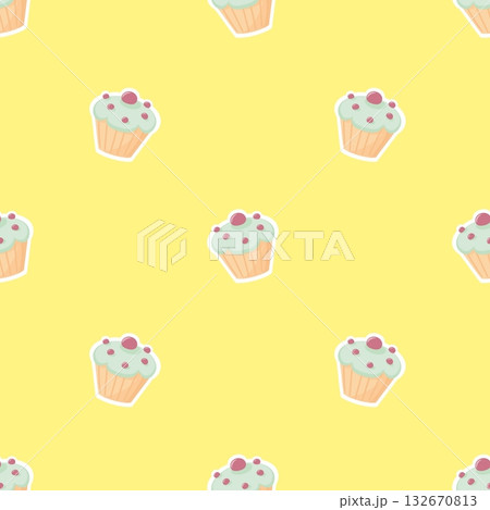 Tile vector pattern with cupcake on yellow background for seamless decoration wallpaper 132670813