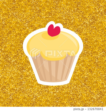 Hand drawn vector decorative muffin on golden glitter background 132670841
