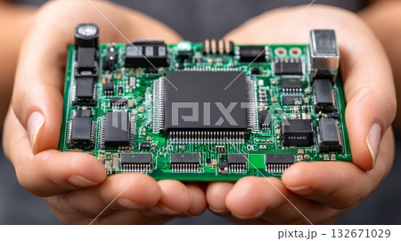 Human hands holding green circuit board technology concept 132671029
