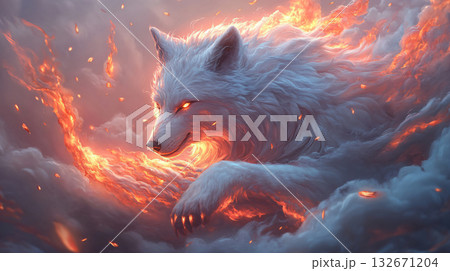 Powerful fantasy wolf with fiery magic. representing the great power of fire and the spirit of the wild. AI Generated. 132671204