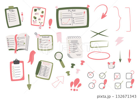 Planner clipart set with checklists, notes and reminders for office organization and productivity design Planner clipart set with checklists, notes and reminders for office organization and productivity design 132671343