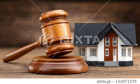 Gavel hitting block next to house model Gavel hitting block next to house model 132671370
