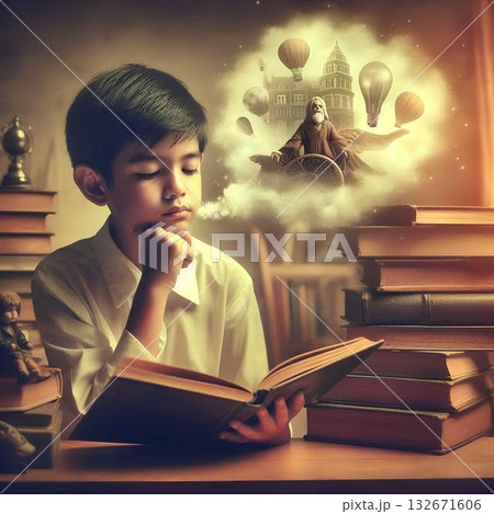 A child reading a book and imagining the story within it. 132671606