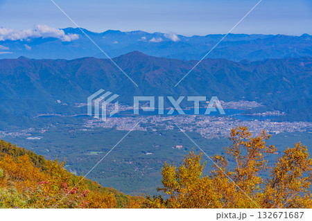 【山梨県】富士山五合目・吉田ルート登山道から眺める河口湖町 【山梨県】富士山五合目・吉田ルート登山道から眺める河口湖町 132671687