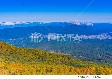 【山梨県】富士山五合目・吉田ルート登山道から眺める河口湖町 【山梨県】富士山五合目・吉田ルート登山道から眺める河口湖町 132671688