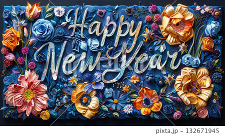 Elegant Happy New Year text surrounded by intricate, multicolored floral decorations on a dark background, symbolizing celebration and festivity 132671945