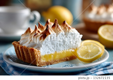Delicious lemon meringue pie showing filling and toasted meringue peaks 132672135
