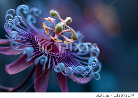 Close up of passion flower showing intricate details and vibrant colors 132672174