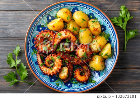 Grilled octopus with roasted potatoes and parsley in colorful bowl Grilled octopus with roasted potatoes and parsley in colorful bowl 132672181