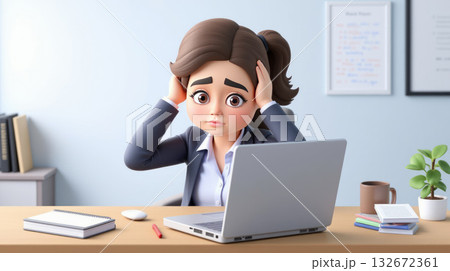 Young businesswoman in suit holding head in frustration while working on laptop at office desk. Light background, concept of workplace stress 132672361