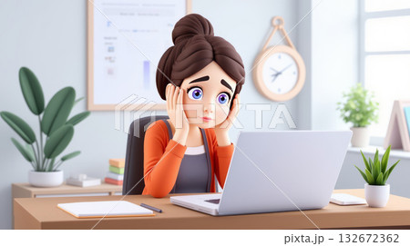 Young woman with worried expression sitting at desk, staring at laptop screen in modern office. Concept of work stress and frustration 132672362